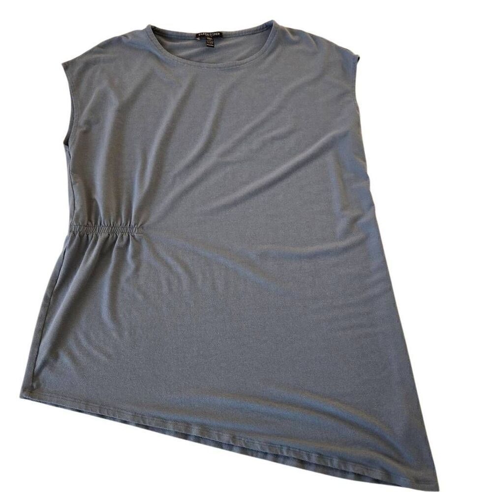 Eileen Fisher Womens Ruched Crew Neck Sleeveless Tunic Top Blue Petite Medium